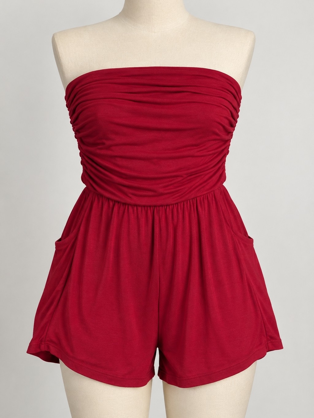 Strapless Ruched Red Women's Bermuda Romper